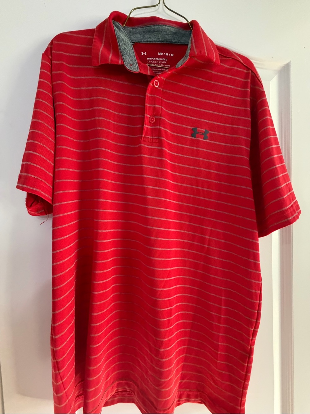 Under Armour Men’s Red Striped Polo with Contrast Logo